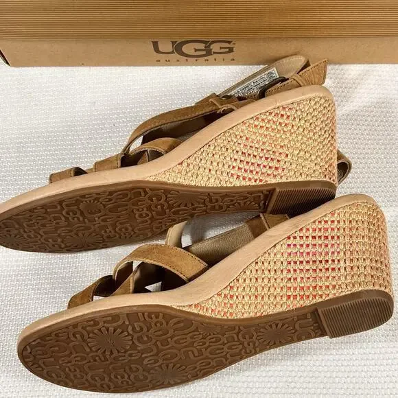 NIB Ugg Wedge High Heel Strappy Sandals Size 9 Brown Leather‎ - Picture 14 of 16
